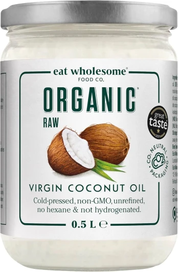 Eat Wholesome Huile de Noix de Coco Vierge Pressée à Froid Crue Bio, Huile De Coco Bio, Pour Cuisiner, Hydrater la Peau, Entretenir les Cheveux, Bocal en verre dans une boîte, 500 mL