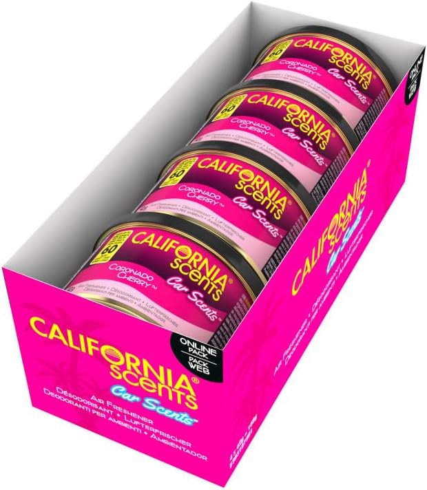 California Scents, Boite de Parfum Voiture, Lot de 4 Désodorisants Voiture Parfum Cerise Coronado, Accessoire Voiture pour Éliminer Les Odeurs, Senteur Longue Durée et Ajustable