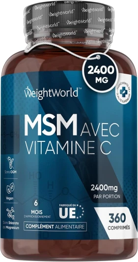 MSM 2400mg avec Vitamine C 100mg, 360 Comprimés Vegan 6 Mois, Pour Peau, Os, Immunité EFSA, Soufre MSM Pure Méthylsulfonylméthane Avec Acide Ascorbique Alternative aux Gelules et à la Poudre