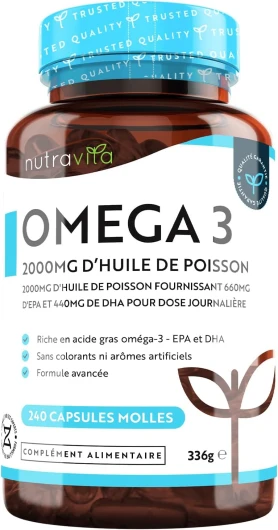 Omega 3 Huile de Poissons Sauvages 2000mg - 240 Gélules (120 Jours) - Haute Concentration en EPA (660mg) & DHA (440mg) Soutien Fonction Cardiaque et une Vision Normale - Fabriqué par Nutravita