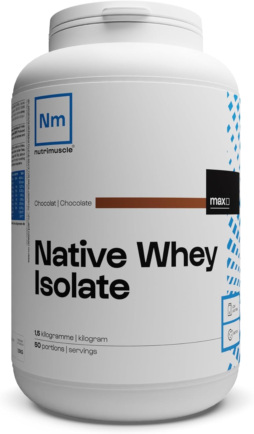 Isolat De Whey Native Low Lactose- Jusqu'à 90% de protéines • Lait français • Prise de Muscle • Musculation & Fitness - Nutrimuscle - Chocolat - 1,5kg Chocolat 1.5 kg (Lot de 1)