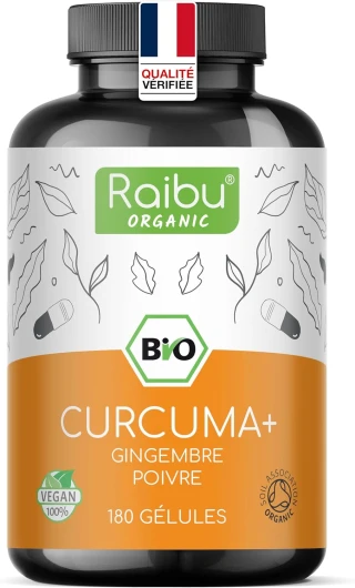 Curcuma gingembre poivre noir 1500mg, 180 gélules de curcumine bio - curcuma bio gelule anti inflammatoire, bien-être articulaire, santé du foie, immunité - testé en laboratoire, Raibu