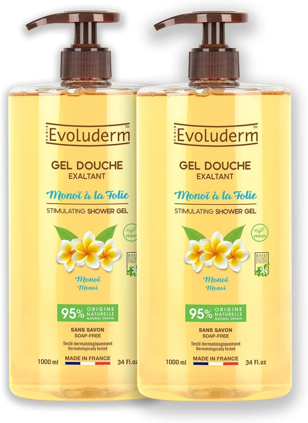 Gel Douche Exaltant Monoï à la Folie - 1000 ml - 95% d'Origine Naturelle - Végan - Fabrication Française - Lot de 2 x 1000 ml Monoï à la Folie 500 ml (Lot de 2)