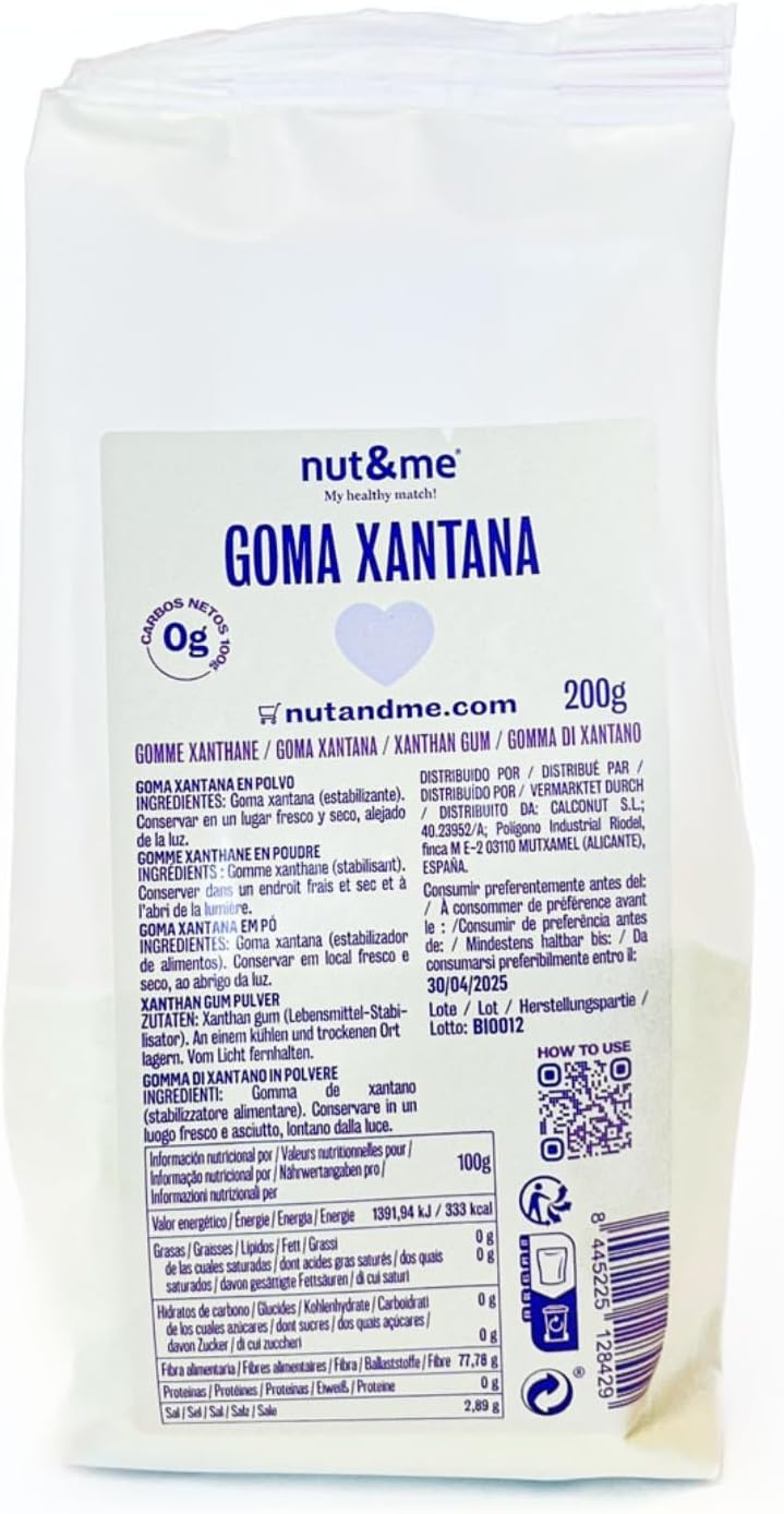 Gomme xanthane 200 gr nut&me - Epaississant alimentaire - Stabilisateur naturel - Céto - Sans gluten, sans lactose, sans additif - Sans OGM - Faible en glucides - Vegan Gomme xanthane 1 unité (Lot de 1)