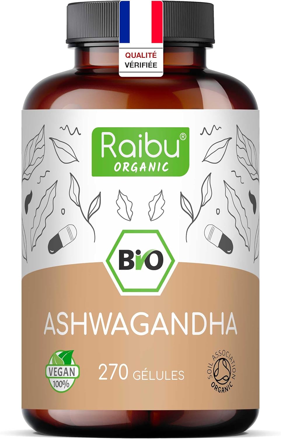 Ashwagandha BIO - 270 Gélules - Extra Fort : 2400 mg/jour - Ashwagandha Biologique Certifiée (Ginseng Indien/Withania Somnifera) - Sans Additifs, Végétalien - Pour votre Bien-être - Raibu
