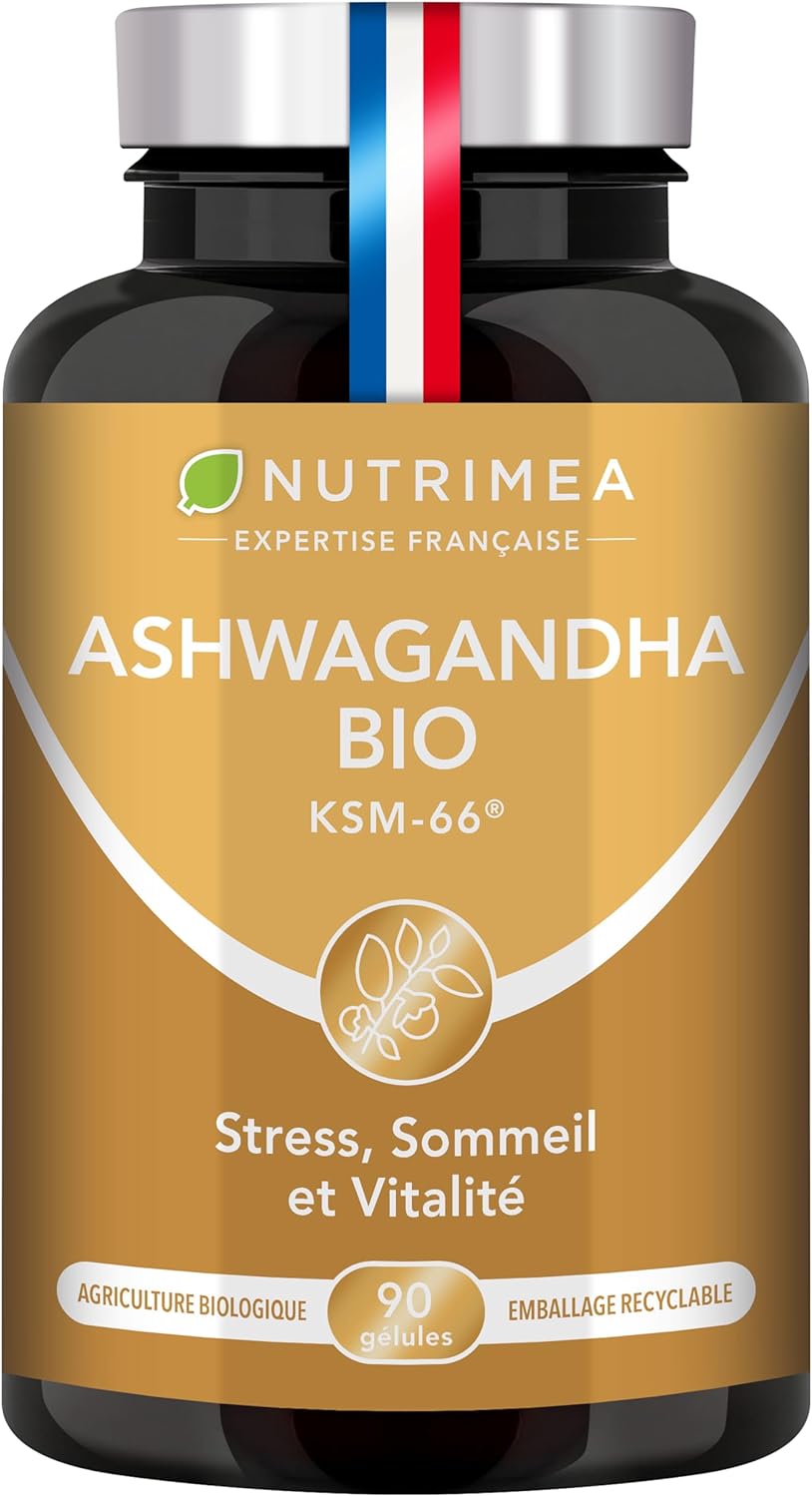 ASHWAGANDHA BIO - Extrait Breveté KSM-66® - Standardisé à 5% en Withanolides - Bien-Être Physique & Mental, Tonus & Concentration - 600 mg - 90 Gélules Vegan - Nutrimea - Fabriqué en France