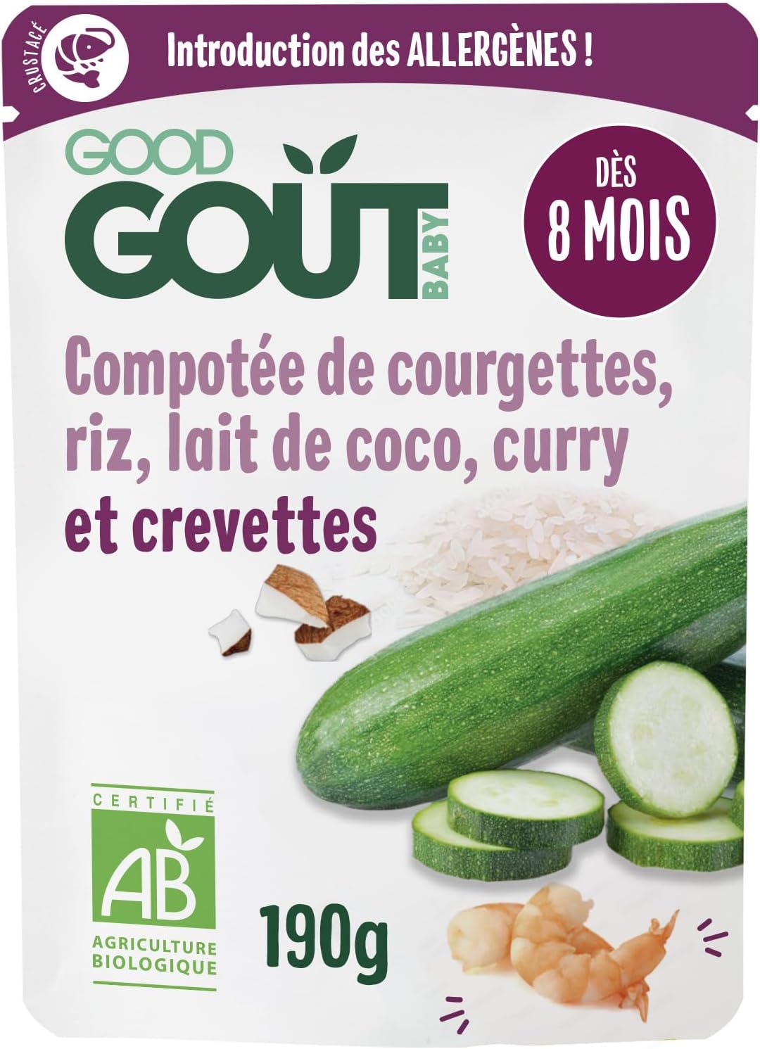 GOOD GOÛT - Compotée de courgettes, riz, lait de coco, curry et crevette - Plat Cuisiné Pour Bébé - Introduction des allergènes - Dès 8 Mois - Purée Moulinée - Fabriqué En France - 190g Compotée Courgettes