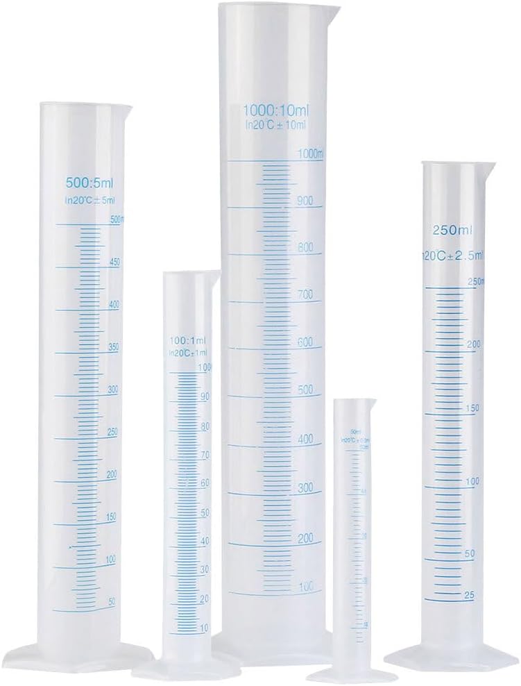 Beavorty Cylindres De Mesure en Plastique Transparent, Set De 5 PièCes, ÉProuvettes GraduéEs pour Laboratoire, 50 ML, 100 ML, 250 ML, 500 ML, 1000 ML, Base Stable, RéSistant Aux Produits Chimiques