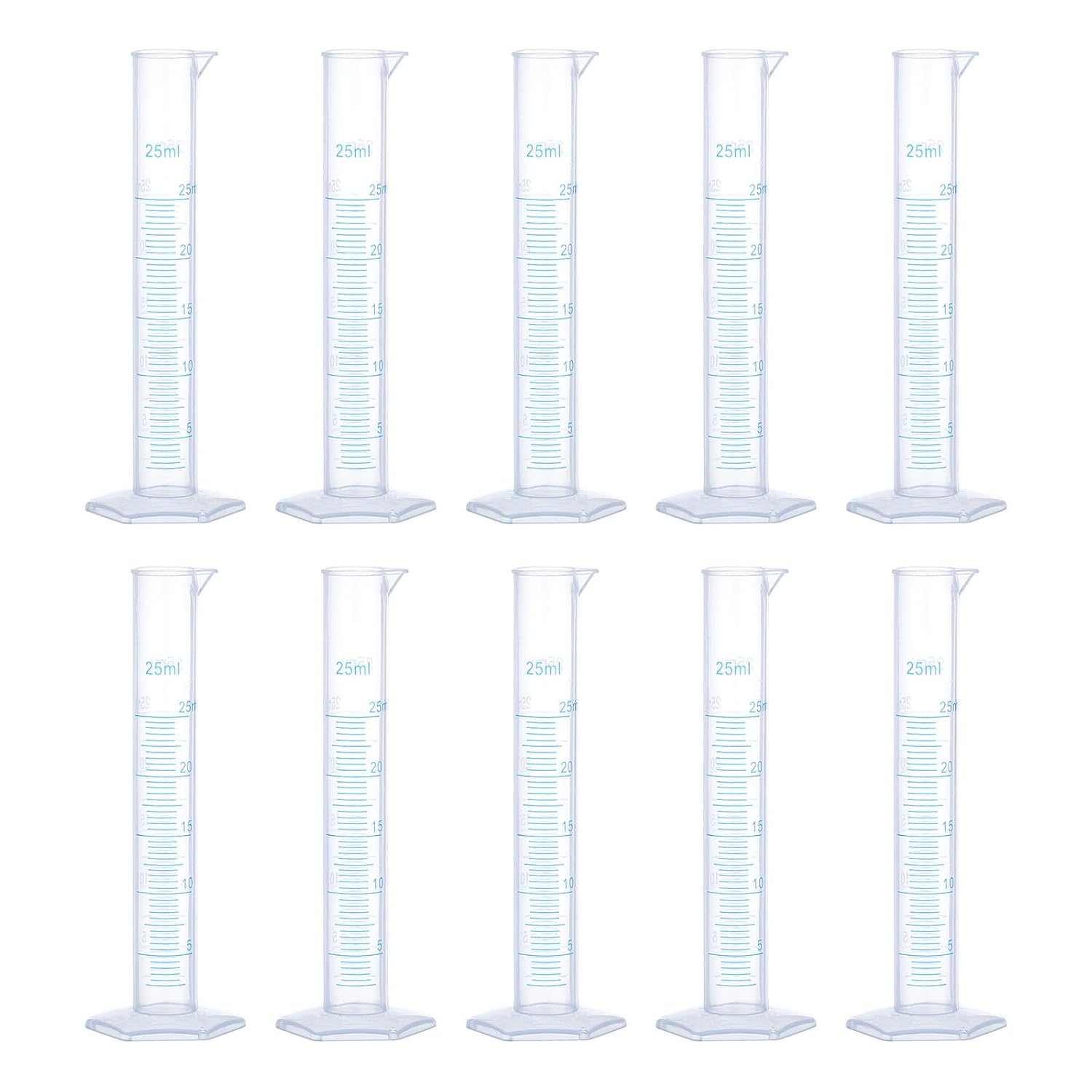QUARKZMAN Cylindre Gradué en Plastique, Cylindre de Mesure de 25 ml, Éprouvettes à Tubes à Double Marquage Métrique, Base Hexagonale Transparente pour Laboratoire Domestique - 10 Pièces