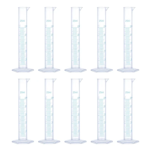 QUARKZMAN Cylindre Gradué en Plastique, Cylindre de Mesure de 25 ml, Éprouvettes à Tubes à Double Marquage Métrique, Base Hexagonale Transparente pour Laboratoire Domestique - 10 Pièces