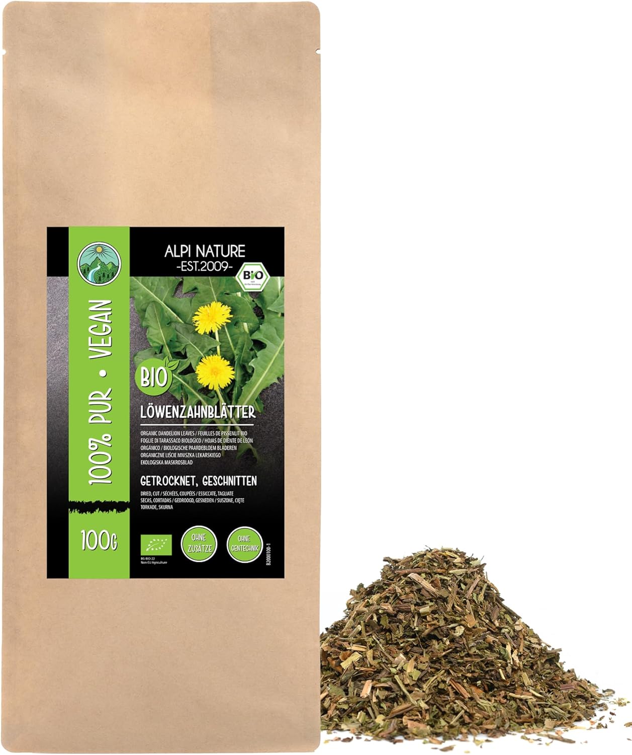 Pissenlit Tisane BIO 100g par Alpi Nature, Feuilles de Pissenlit bio Séchées et Coupées, Thé en Vrac 100 GR