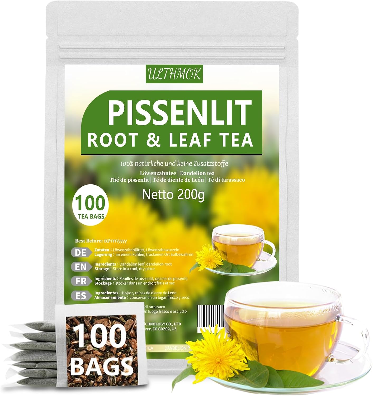 Thé de Pissenlit - Tisane de Pissenlit Pure - Infusion de Pissenlit, Pure Naturelle, Sans Additifs (100 Sachets)