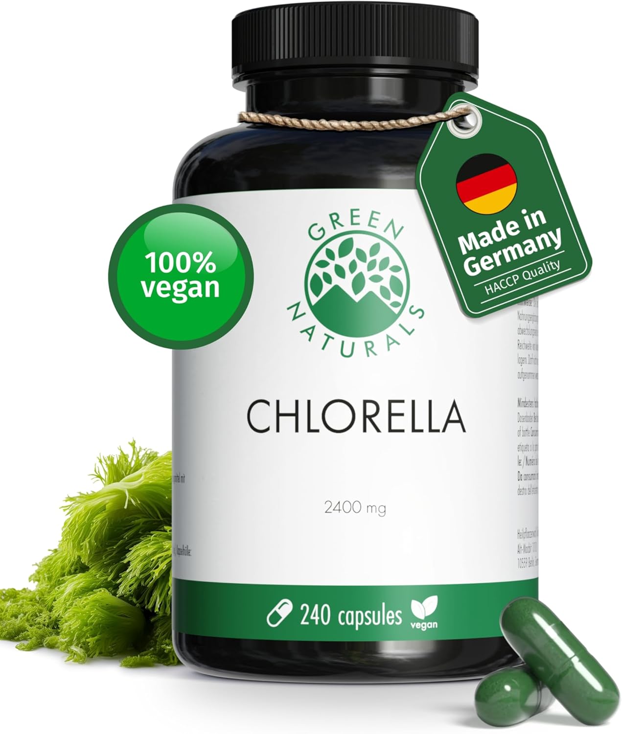 Chlorella - Haute dose: 2400mg - 240 gélules de poudre de chlorella hautement dosée - Vegan, sans gluten & sans additif - 2 mois d'approvisionnement - Green Naturals®