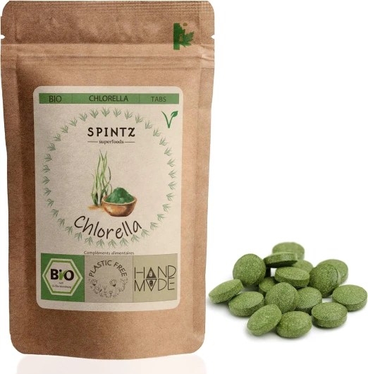 SPINTZ® 200 pcs - Comprimés de chlorella bio 100% culture biologique contrôlée - Comprimés de chlorella emballés sans plastique et de manière durable - Comprimés de chlorella végétal 500mg/Tab (100g) 100 g (Lot de 1)