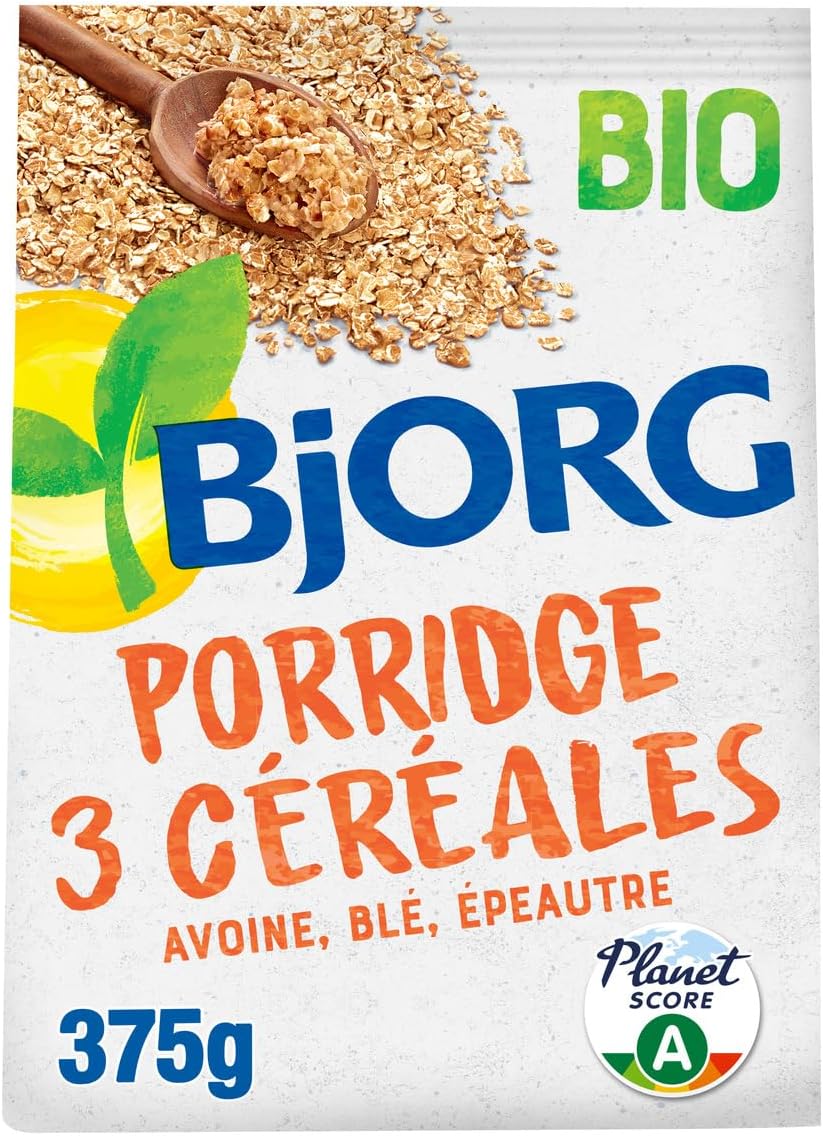 Porridge 3 Céréales Bio - Avoine, Blé, Épeautre - Sans Sucres Ajoutés - Sachet de 375 g