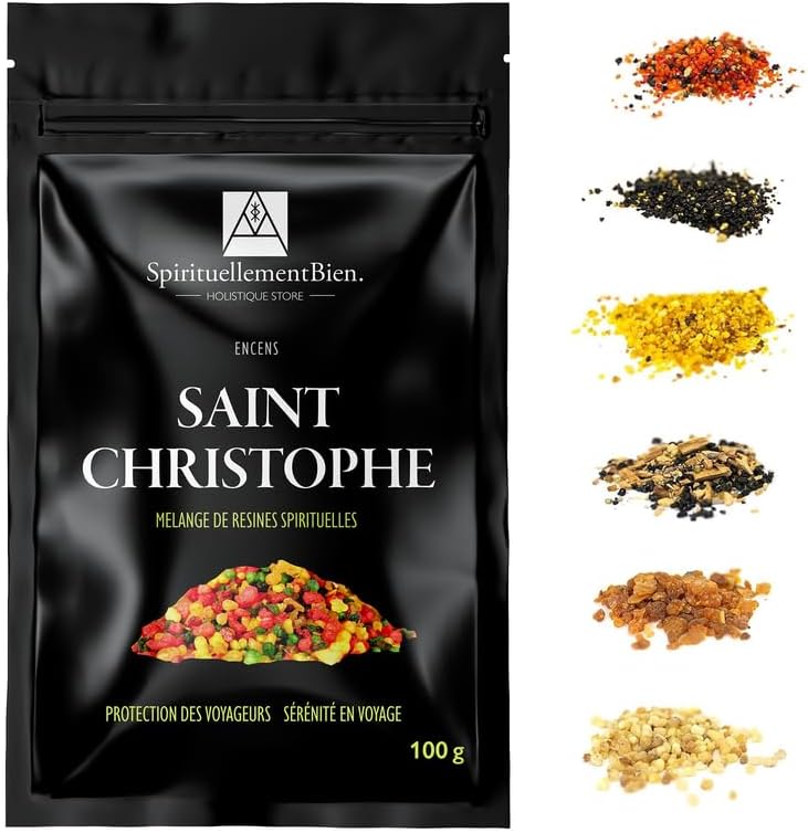 Encens Saint Christophe résine Sacré & Authentique en Grain 100 GR pour Fumigation Brule Parfum ou Encensoir Protection des Voyageurs - Sérénité en Voyage - Alternative Encens Baton-Cone Saint Christophe 100 gr