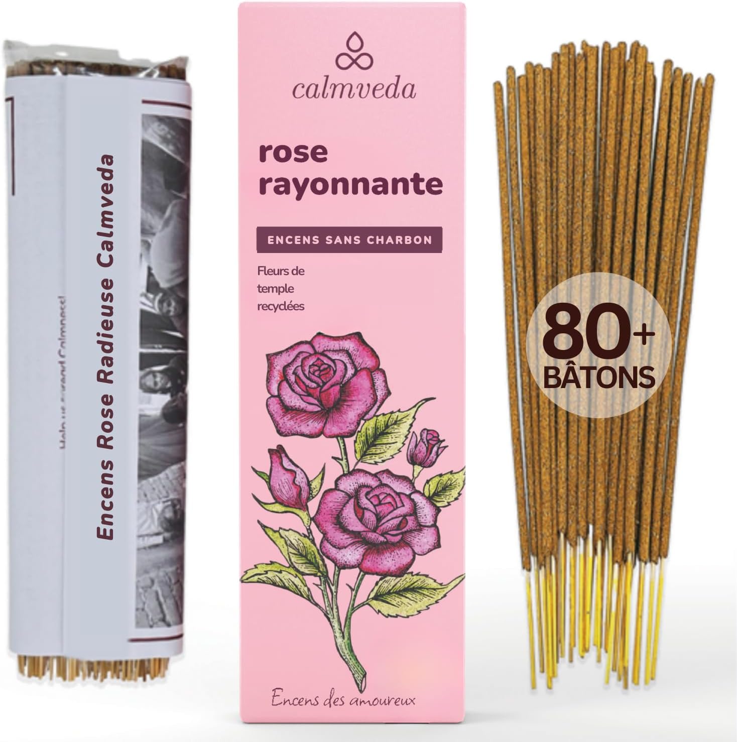 Baton Encens Rose Radiant - (80 batonnets encens Naturel) Baton Indien sans Charbon,Fabriqués À Partir De Fleurs Recyclées - Non Toxiques -Utilisation pour La Détente,fruitées mais crémeuses Encens Rose Rayonnant