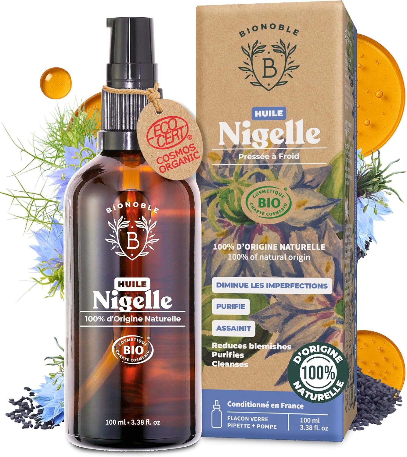 Huile de Nigelle Bio Pure 100ml + Pipette et Pompe - Bouteille en Verre - 100% Naturelle, Pressée à Froid - Visage Corps Cheveux - Huile de Cumin Noir Bio, Black Seed Oil 100 ml (Lot de 1) Nigelle