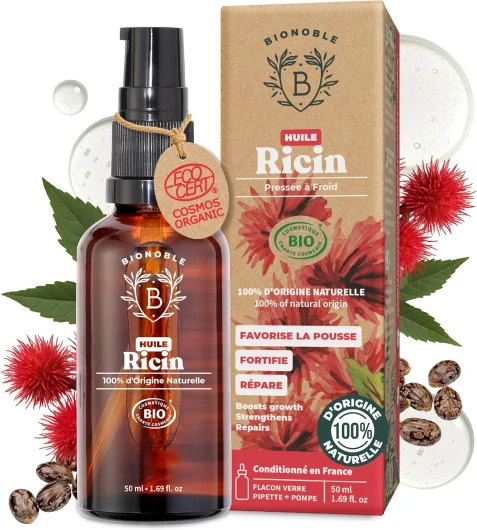Huile de Ricin Bio 50ml - 100% Pure, Naturelle et Pressée à Froid - Cils, Sourcils, Corps, Cheveux, Barbe, Ongles - Vegan, Cruelty Free - Castor Oil - Bouteille en Verre + Pipette + Pompe 50 ml (Lot de 1) Ricin