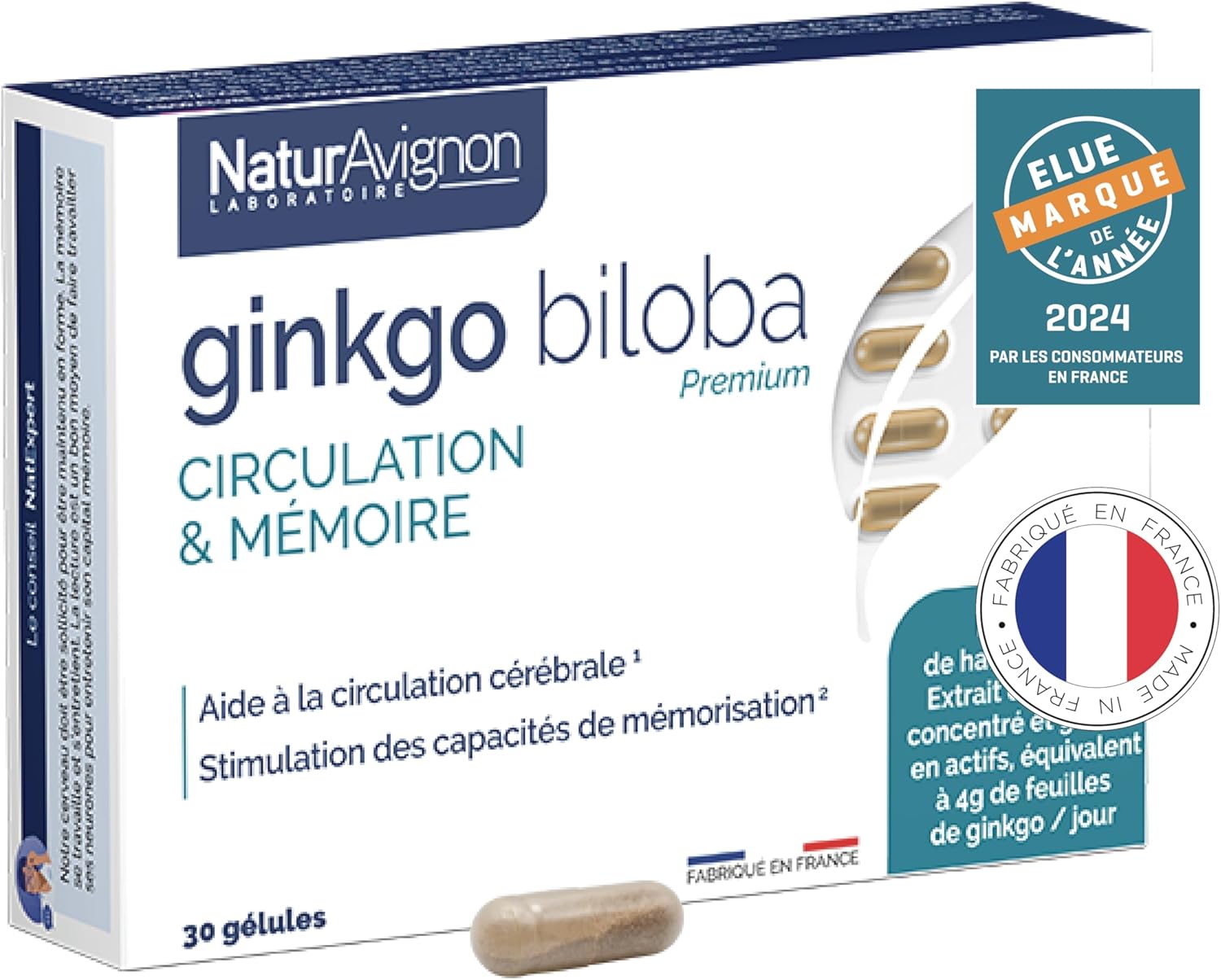 NaturAvignon Ginkgo Biloba - Complément alimentaire memoire et concentration & Circulation cérébrale - Vitamine B5 + ginko biloba - Concentration memoire adulte - 1 Gélule/Jour