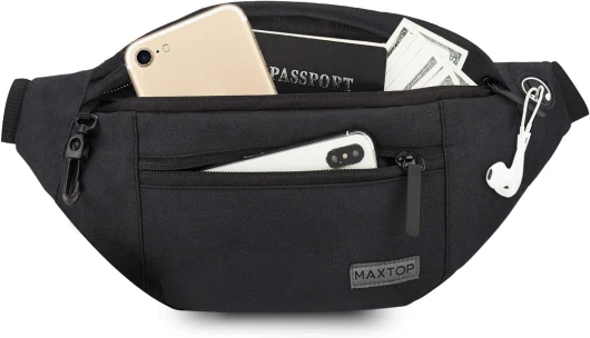 MAXTOP Grand Sac Banane pour Femme et Homme, Sac Banane avec Prise Casque et 4 Poches zippées, Ceinture réglable pour Le Cyclisme, la Course, Le Jogging, Les Voyages, l'extérieur Noir-l