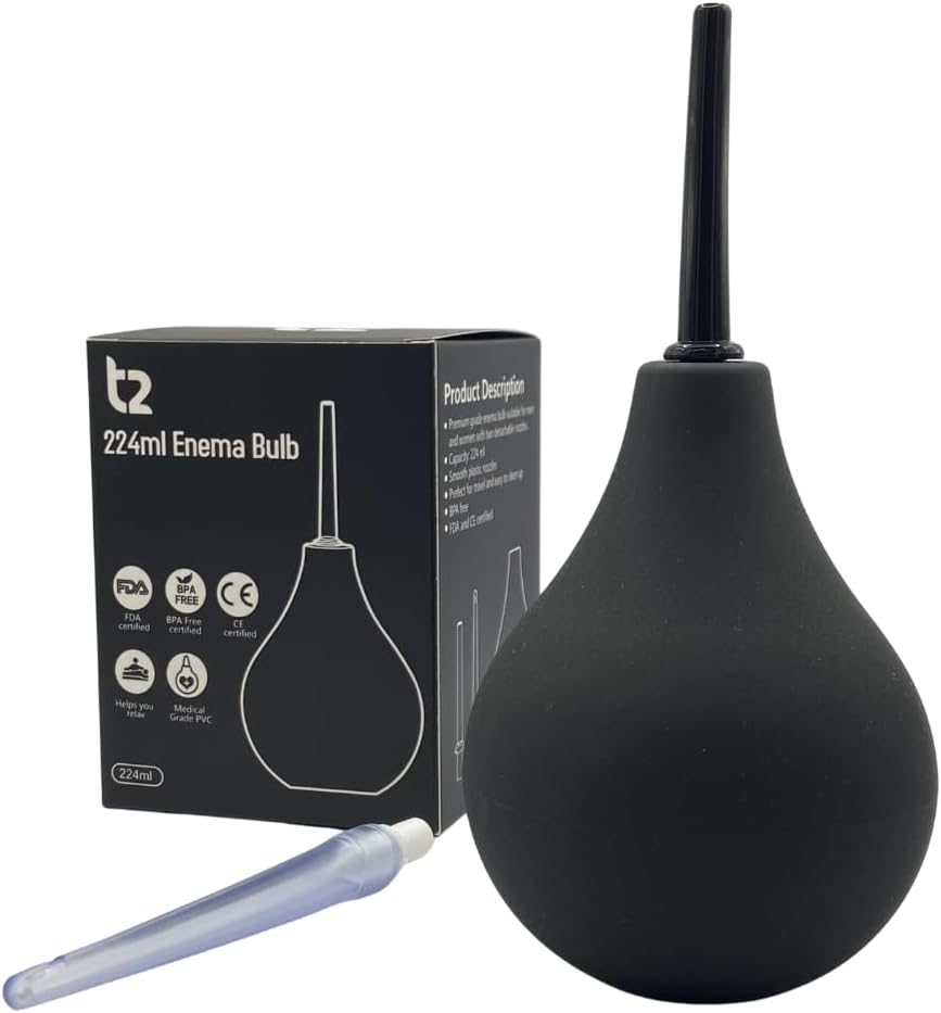 T2 Poire de Lavement 224ml - Douche Anale Homme & Femme - 2 Embouts Amovibles & Confortables (1 Souple & 1 Rigide) - Kit Médical Certifié FDA CE, Instructions Incluses