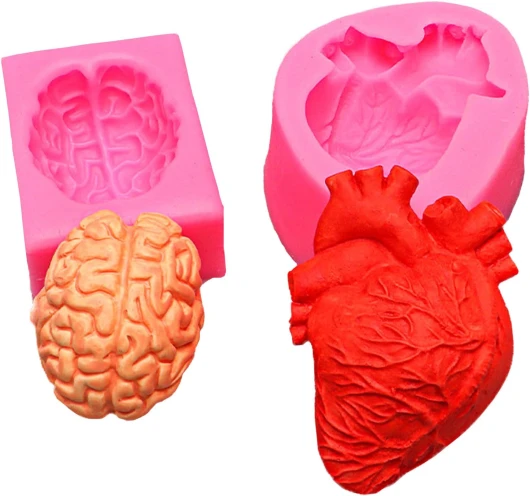Eabdice 2 pièces Moules en silicone 3D en forme de cœur et de cerveau, Moule Forme du Cerveau Silicone, Humains Cerveau Forme Moule pour crème glacée, chocolat, pudding, savon
