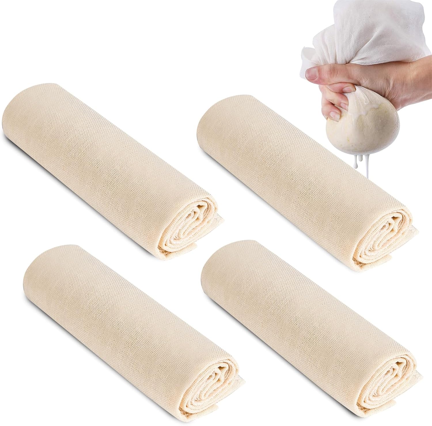 Toile à Fromage, Étamine Alimentaire 4 Pièces Tissu Filtrant en Coton Réutilisable Mousseline Cuisine Lavable Chiffon à Fromage pour Filtrer Tofu Jus Thé et Lait, 60 x 60cm