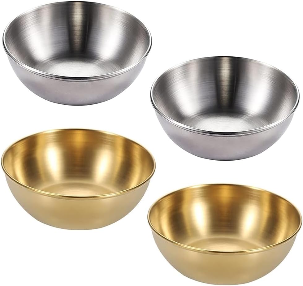 4 Pièces Petits Bols Ronds en Acier Inoxydable, Bol de Trempette, Petits bol de Service, Petit Bols à Sauce, pour Tremper les Bols, les Bols à Sauce, les Bols à Épices, les Bols à Snacks, Argent/Or