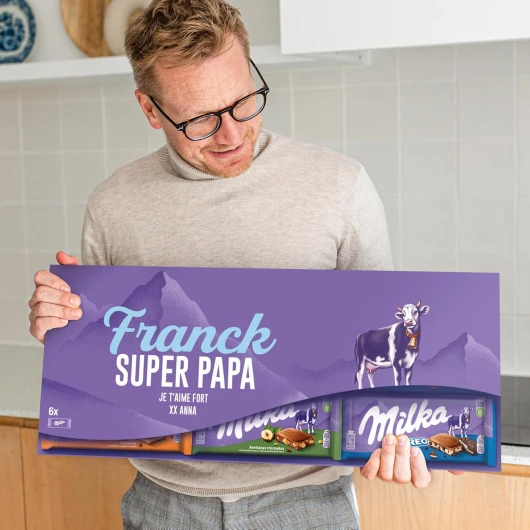 Milka Méga Tablette de Chocolat Personnalisée – Cadeau Fete des Peres personnalisé avec Nom et Message (6 Tablettes)