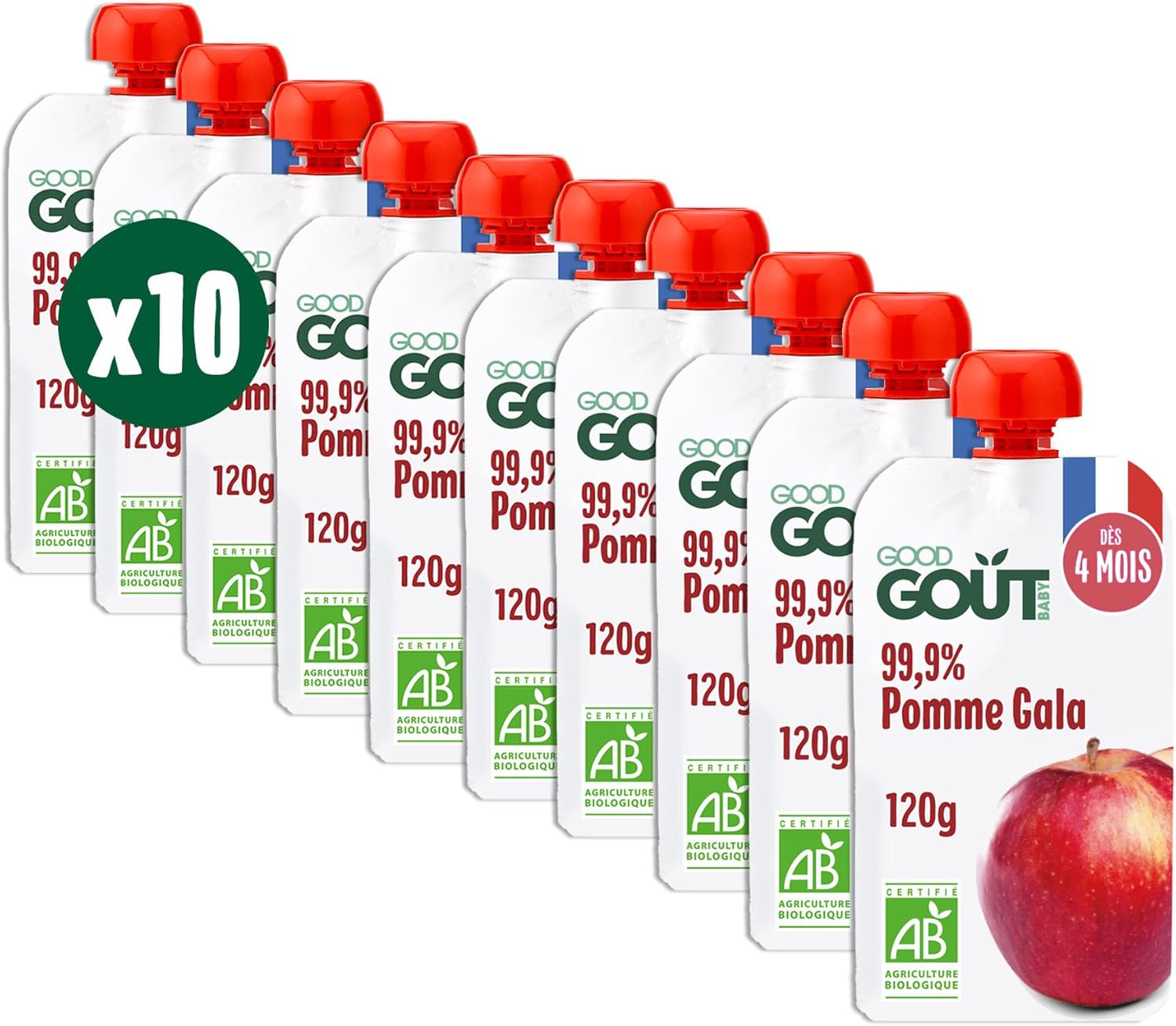 GOOD GOÛT - Gourdes Pomme Gala - Purée Bébé - Dès 4 Mois - 99,9% Pomme Gala - Sans Sucres Ajoutés - Fabriqué En France - 10x120g