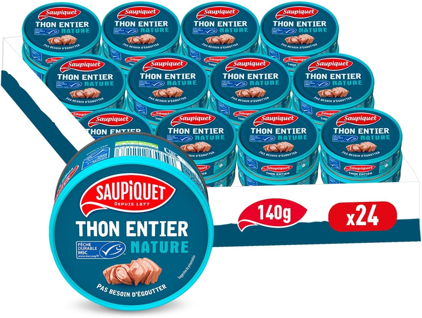 SAUPIQUET - Thon au Naturel - Thon Entier Nature - Moelleux & Savoureux - Issu d'une Pêche Durable Garantie MSC - 24 Conserves (140 g) Nature 140G x 24