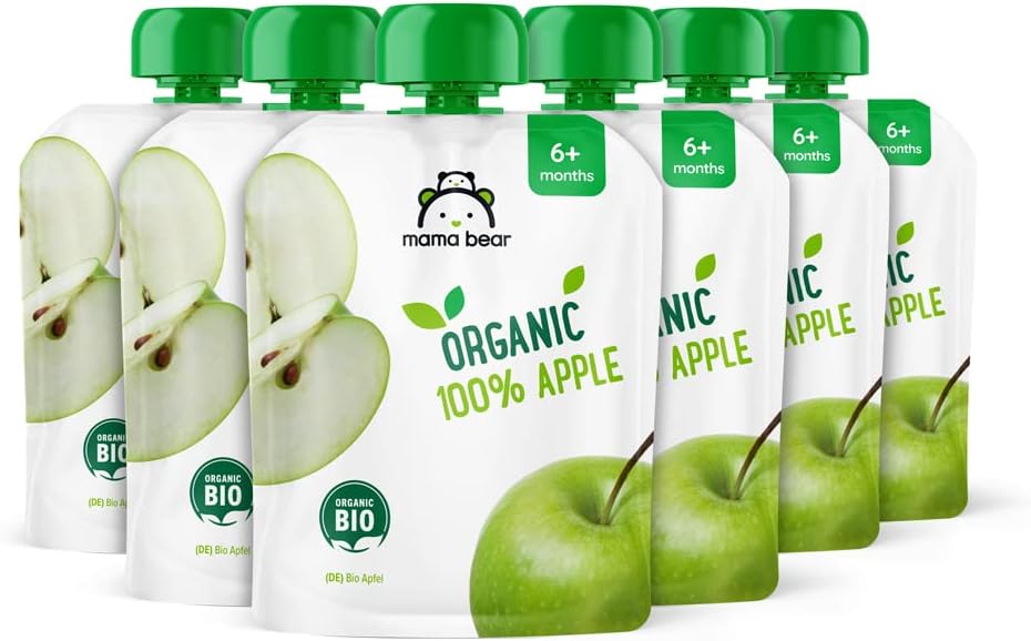 Marque Amazon - Mama Bear Purées de Pomme bio, Végétarien, 540g, 6 lot de 90g Pomme 90 g (lot de 6)
