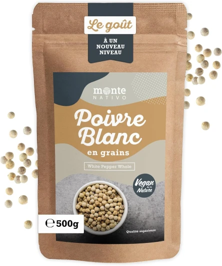 Poivre blanc en Grains Monte Nativo (500g) - Poivre blanc entière - Épices aromatiques séchées avec soin, idéales pour Cuisiner et Assaisonner - Arôme et Goût intenses Poivre blanc grains 500 g (Lot de 1)