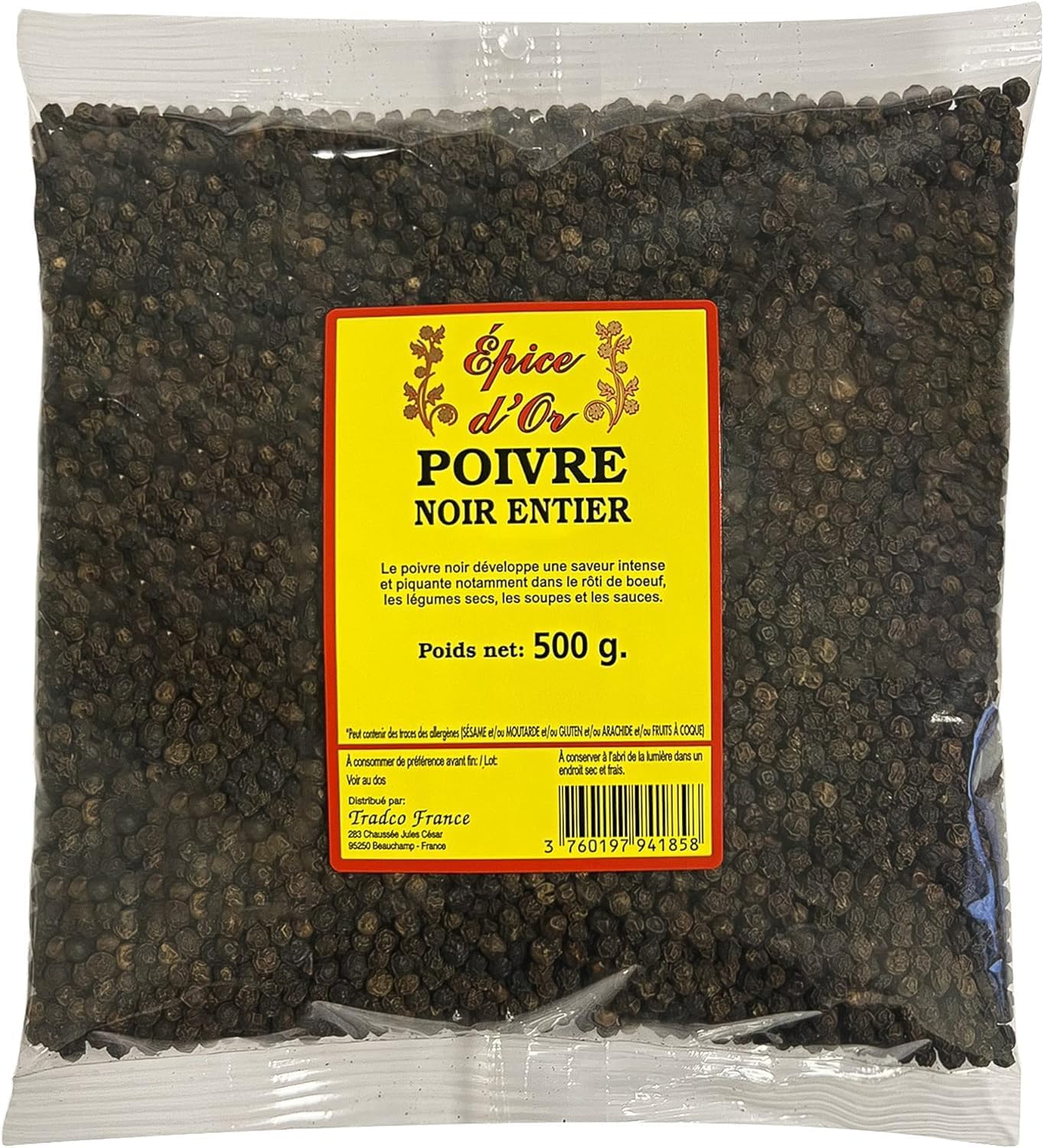 Poivre Noir En Grain 500g - Epice d'Or, 100% Naturel, En Grain, Végan, Sans Additifs ni Conservateurs Pour Une Saveur Authentique 500 Grammes