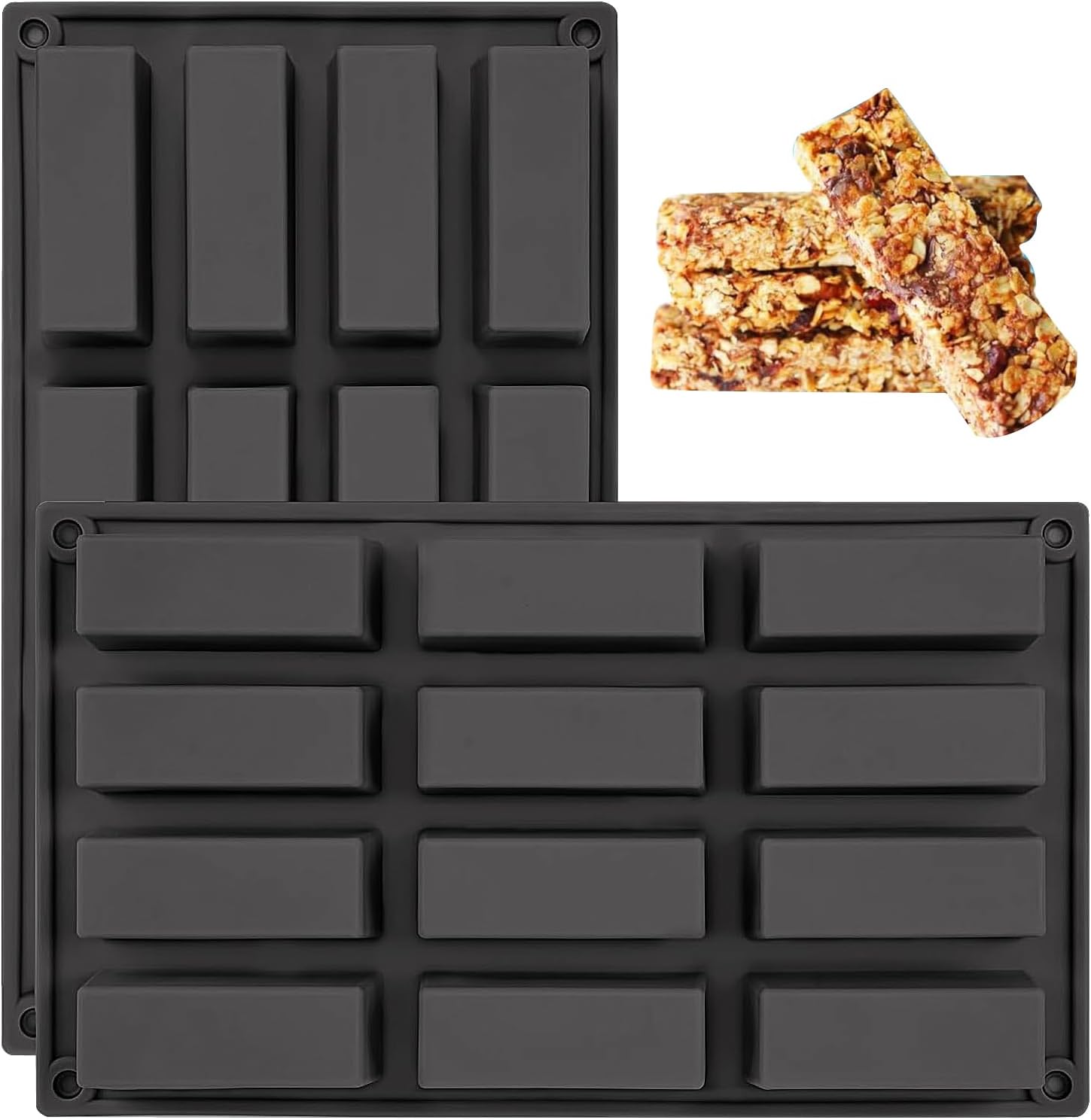 2 PCS Moules Pour Barres De Céréales, 12 Cavités Moule Silicone Rectangulaire, Anti-adhésif Moule à Chocolat pour truffe, pain, muffin, brownie, pain de maïs, cheesecake et savon (Noir)