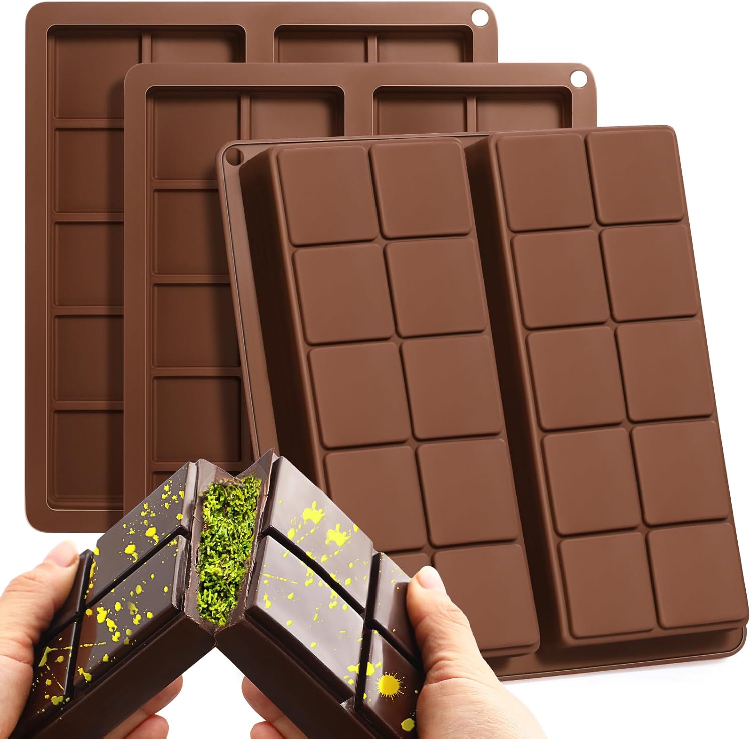 Lot de 3 Moule à Chocolat en Silicone, Moule Tablette Chocolat 2-en-1, DIY Moule à Barre de Chocolat Profond, Moules à Pâtisserie pour Chocolats de Dubai, Barres énergétiques
