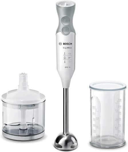 Bosch Mixeur Plongeant ErgoMixx MSM66120 – Mélangeur ultra puissant pour les usages intenses – Puissance de 600 W – Mini-hâchoir inclus – Couleur : Blanc/Gris