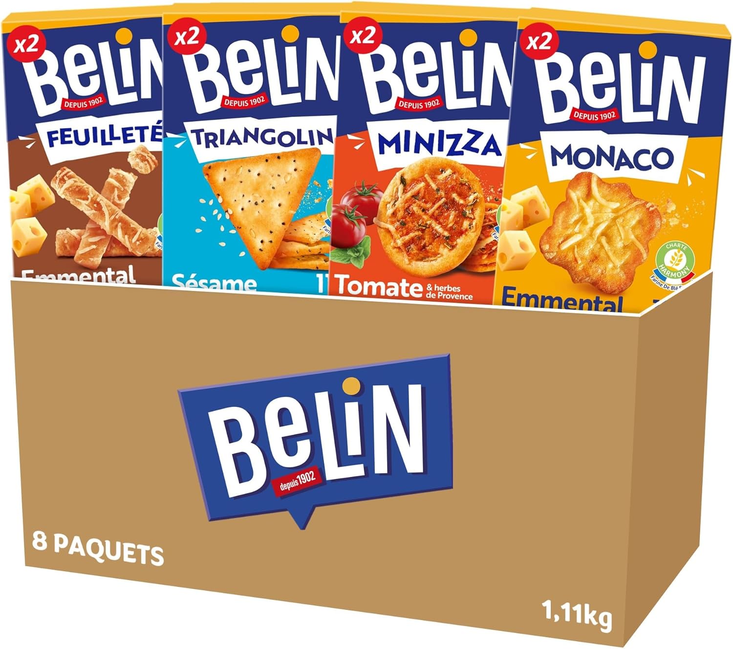 La Boîte Apéritif 8 Paquets de Crackers Belin - 2 Feuilleté Emmental, 2 Triangolini Sésame, 2 Minizza Tomate, 2 Monaco Emmental - Lot de 1,11kg BoxApero9