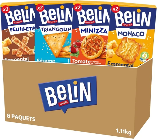 BELIN - La Boîte Apéritif 8 Paquets de Crackers Belin - 2 Feuilleté Emmental, 2 Triangolini Sésame, 2 Minizza Tomate, 2 Monaco Emmental - Lot de 1,11kg BoxApero9