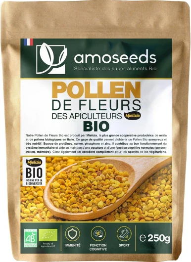Pollen de Fleurs Bio 250G - Origine Italie - Frais, Qualité Supérieure - Savoureux, Nutritif, Vitalité, Immunité