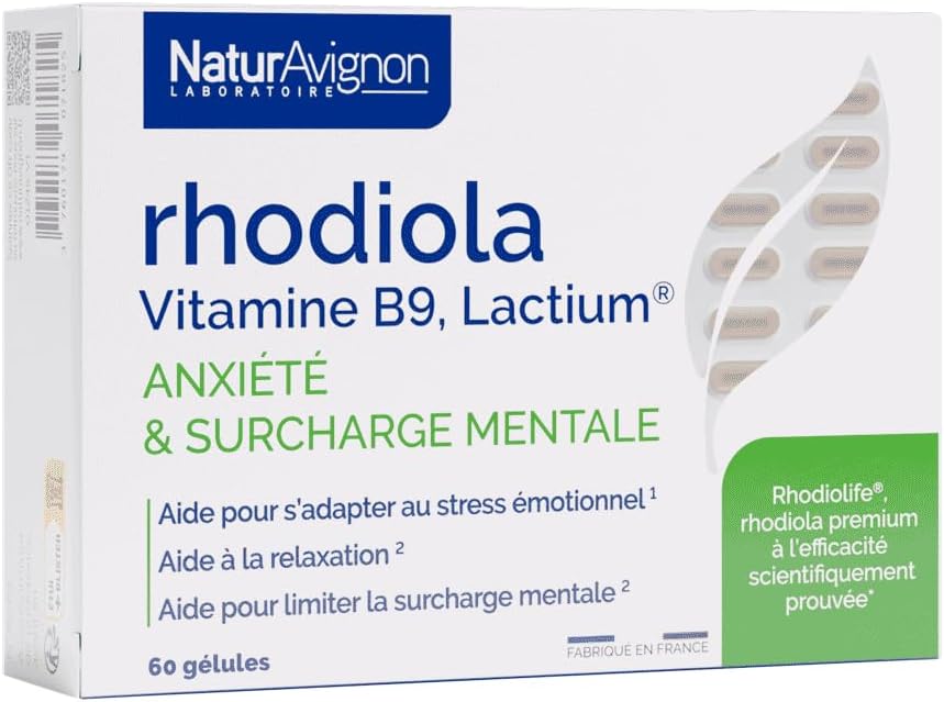 NaturAvignon Rhodiola Vitamine B9, Lactium- Complément alimentaire anti stress adulte, surcharge mentale, anxiété I vitamine b 9 I Lactium I30 jours - 60 gélules