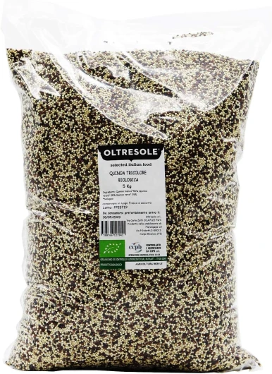 Oltresole, Quinoa tricolore biologique 5 kg, mélange de quinoa rouge, blanc et noir biologique, riche en protéines, idéal pour les salades, les soupes et les plats végétaliens, format pratique