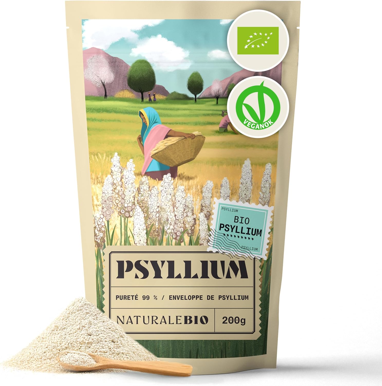 Tégument de Psyllium Blond BIO - 200g - Pureté 99% - Psyllium Husk Biologique, Naturel et Pur - Cosses de Graines Indiennes - Riche en fibres, à consommer dans l'eau, les boissons ou jus - Tégument de psyllium 200 g (Lot de 1)