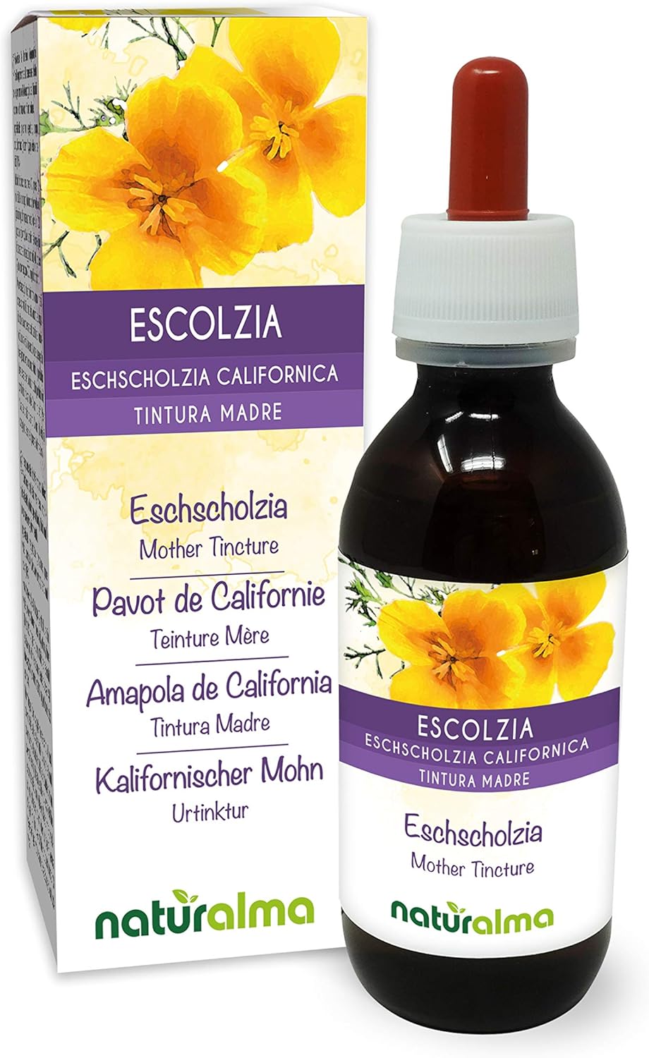 Pavot de Californie (Eschscholzia californica) herbe Teinture Mère sans alcool Naturalma - Extrait liquide gouttes 120 ml - Complément alimentaire - Végétalien ou végan Sans alcool 120 ml (Lot de 1)