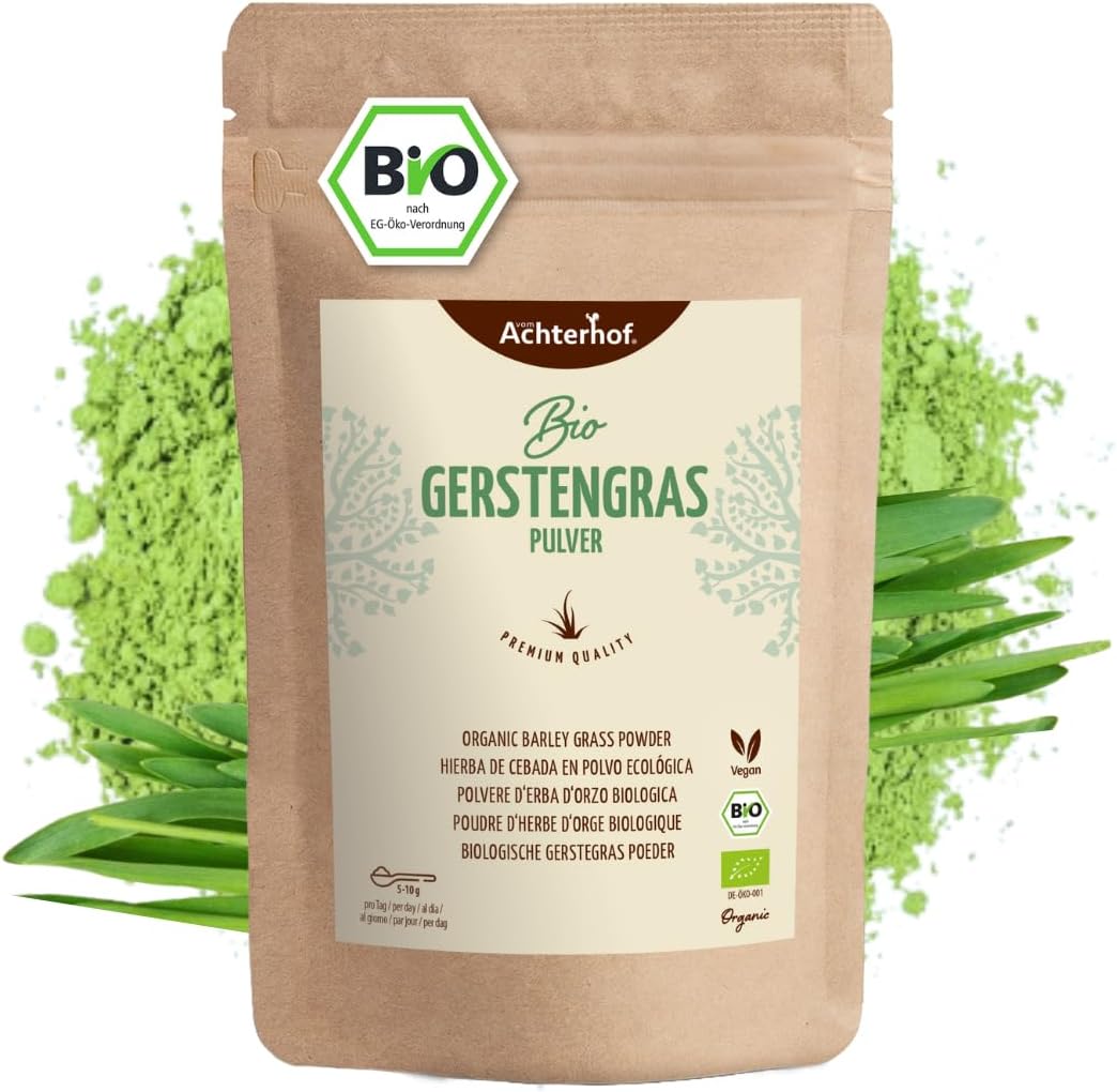 Poudre d'herbe d'orge BIO (1kg) - De culture allemande - Qualité alimentaire brute - 100% poudre d'herbe d'orge - Résidus contrôlés - vom-Achterhof