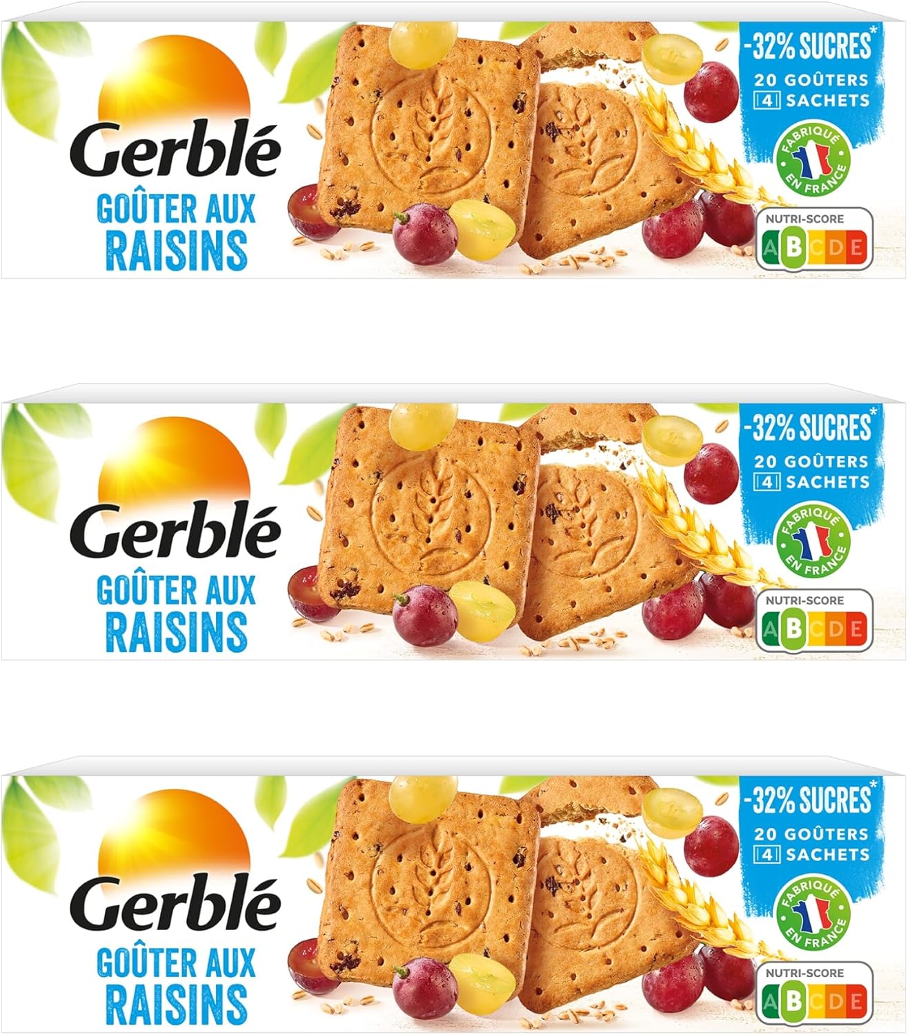 , Biscuits Gouter Raisin, Allegés en sucres, Riches en fibres, Sans huile de palme, pack de 3 boîtes Goûters Raisins Lot de 1