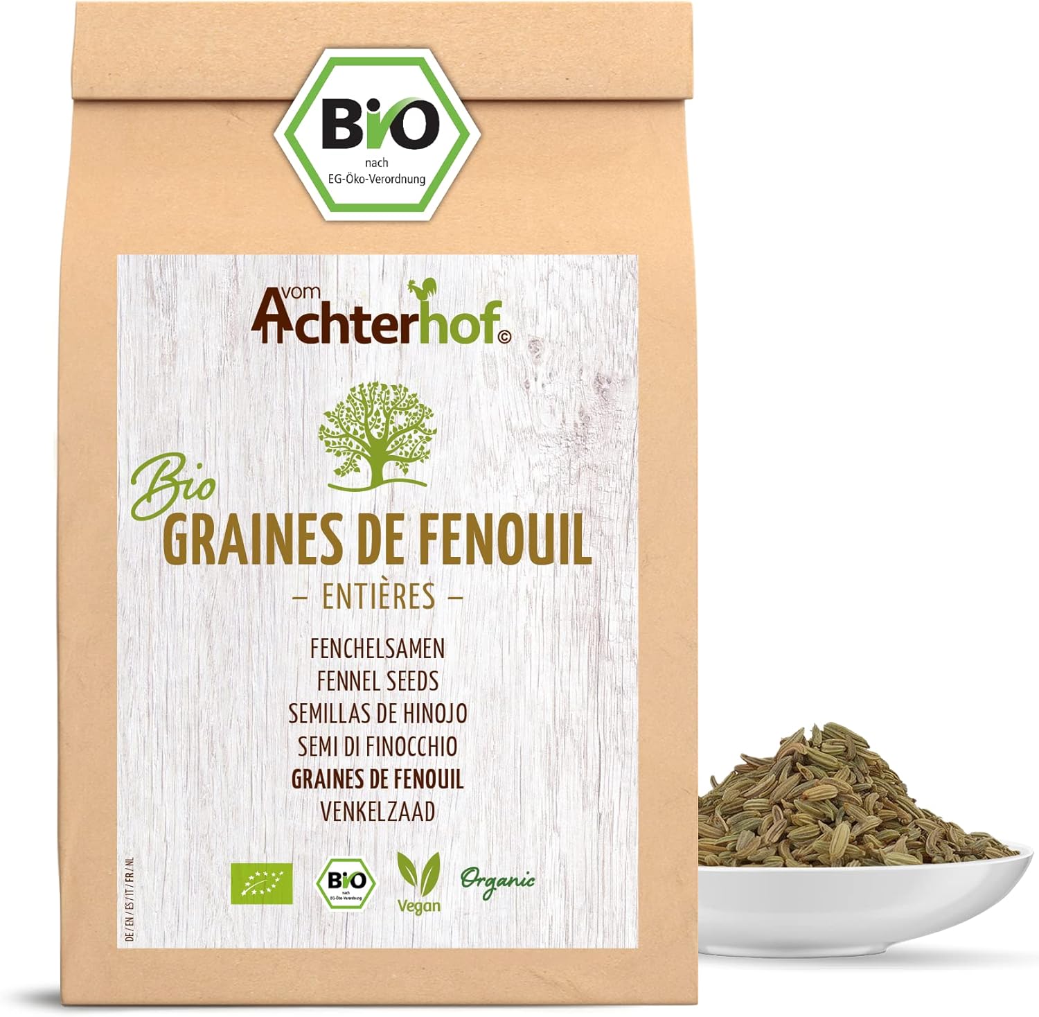 Graines de fenouil entières bio 1000g - infusion de fenouil - goût doux et sucré - idéal pour la préparation de plats de pâtes, de soufflés & d'infusions réchauffantes - vom Achterhof 1000 g (Lot de 1)