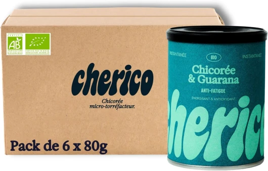 Chicorée soluble bio avec guarana – Pack de 6 x 80g - Chicorée bio avec guarana - Riche en fibres et énergisant - Chicorée d'origine végétale - Notes caramel et noisettes – Sans Sucre - CHERICO