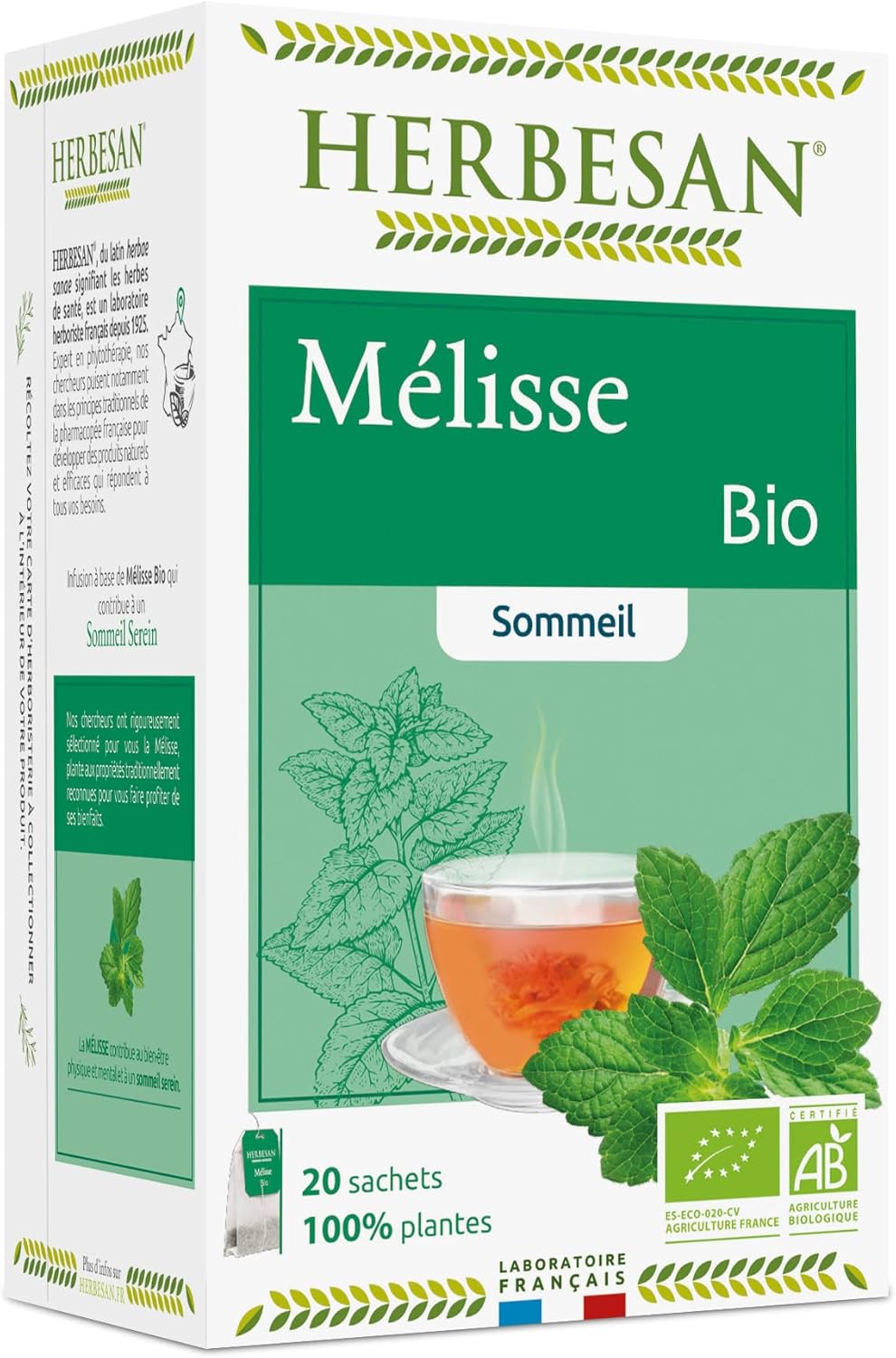®-MÉLISSE FRANCAISE BIO - INFUSION BIO - SOMMEIL SEREIN - Sans plastique- 100% plantes bio - 20 sachets en papier